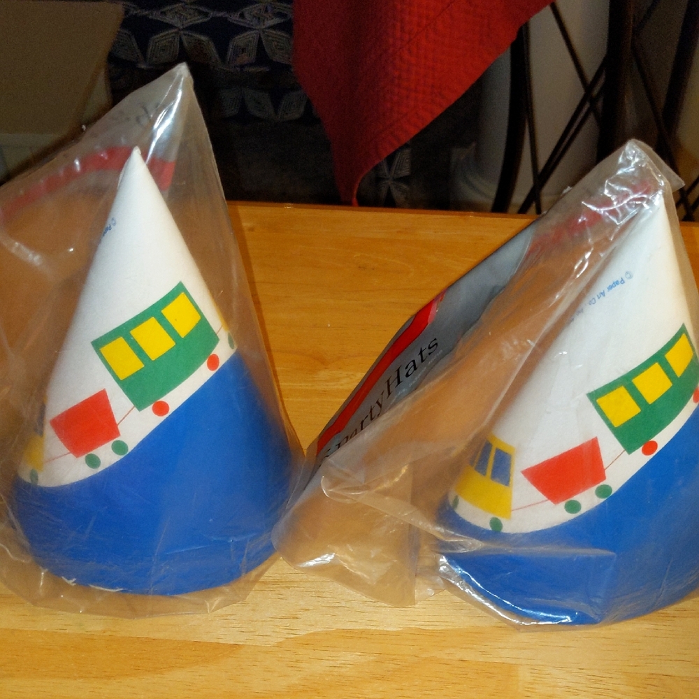 Vtg Train Party Hats 2 Packs Unopened Kids Birthday Engine 80s Primary Color